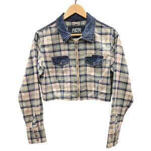 GUESS Vintage 90s Cropped Plaid Denim Pearl Snap Zip Top